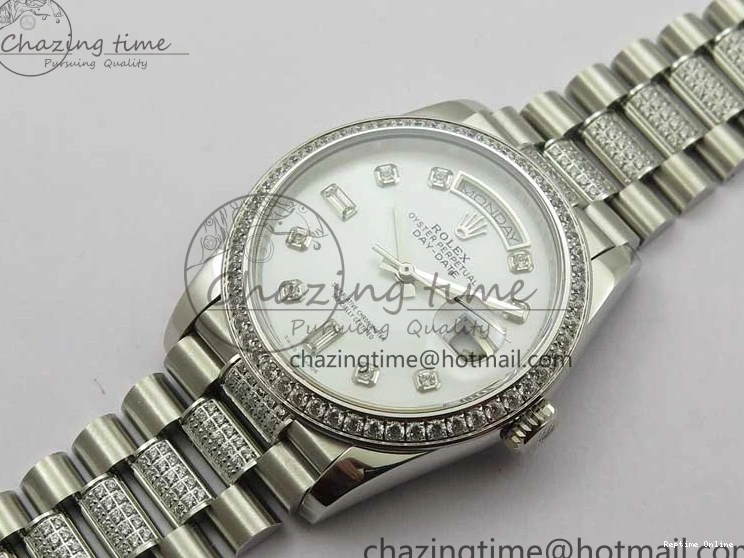 0516 Day-Date 36mm 128239 SS Crystal BP Best Edition White MOP Crystal Marker Dial on SS President Bracelet A MoistureWicking 2682